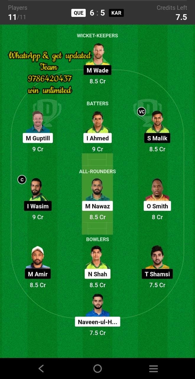 QUE vs KAR 22nd Match Dream11 Team fantasy Prediction Super League T20