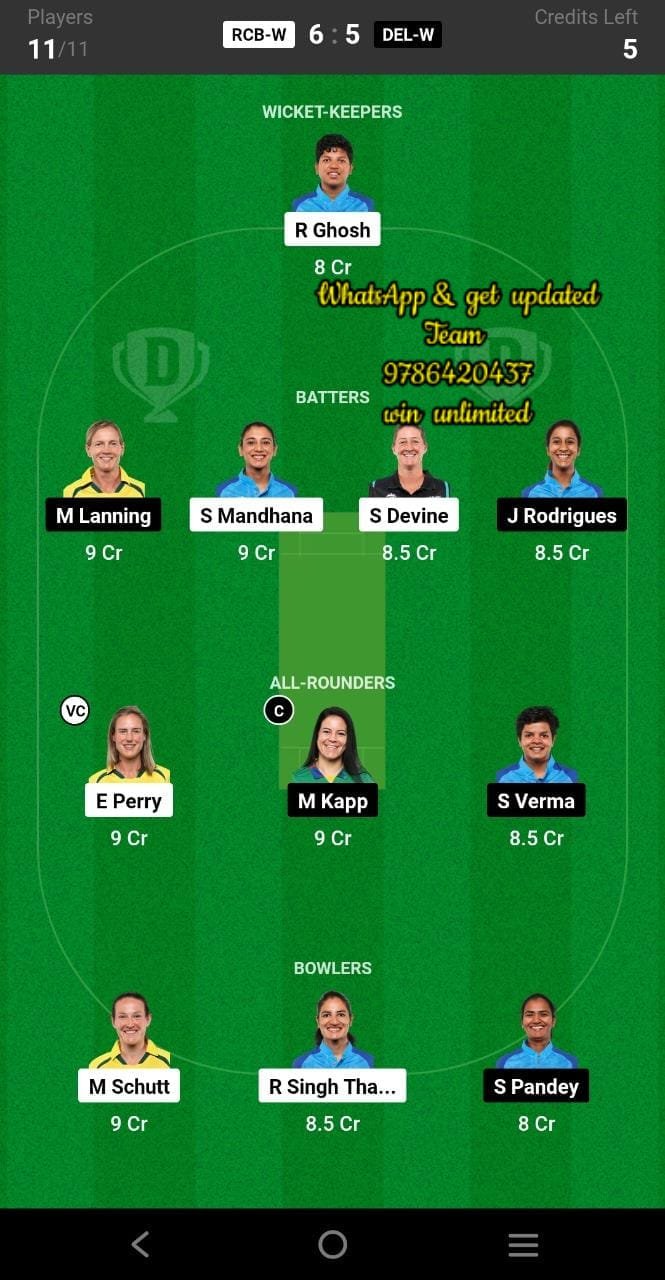 RCB-W vs DEL-W 2nd Match Dream11 Team fantasy Prediction TATA Women's Premier League