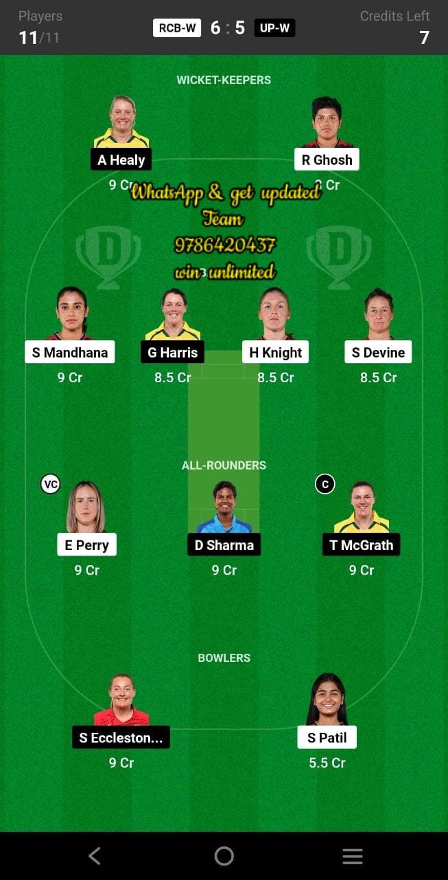 RCB-W vs UP-W 8th Match Dream11 Team fantasy Prediction TATA Women's Premier League