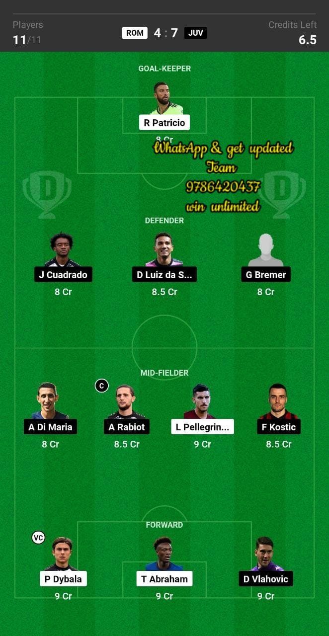 ROM vs JUV Dream11 Team fantasy Prediction Serie A