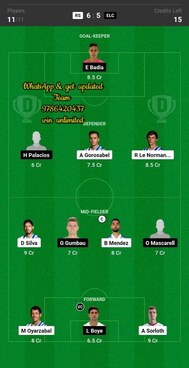 RS vs ELC Dream11 Team fantasy Prediction La Liga