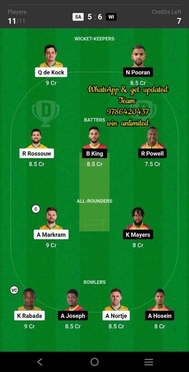 SA vs WI 1st T20I Match Dream11 Team fantasy Prediction West Indies tour of South Africa