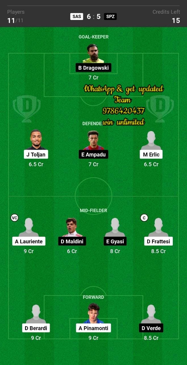 SAS vs SPZ Dream11 Team fantasy Prediction Serie A