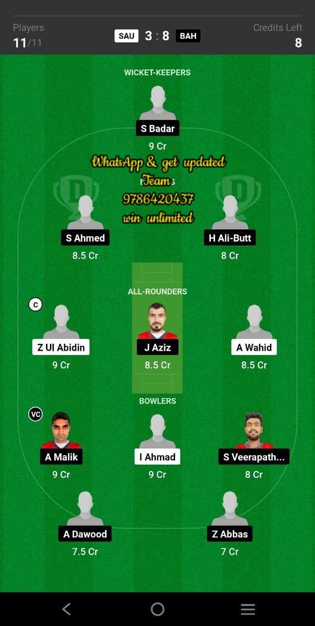 SAU vs BAH Final Match Dream11 Team fantasy Prediction ACC ODI Men's Challenger Cup