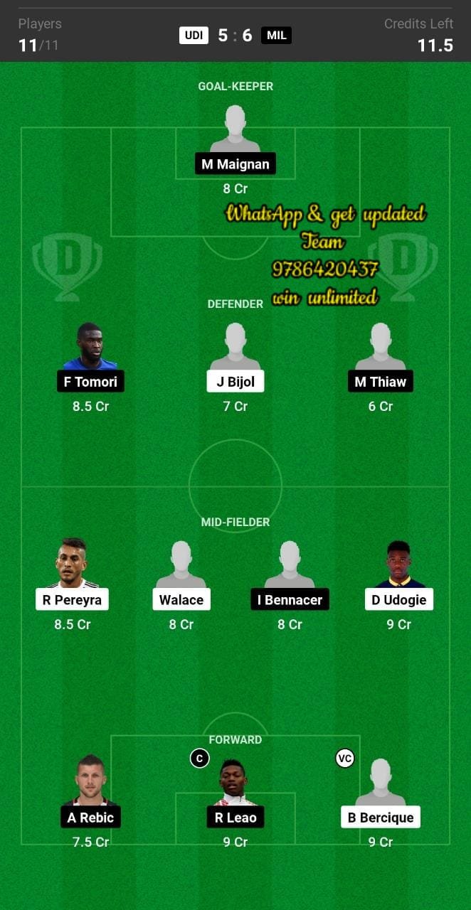 UDI vs MIL Dream11 Team fantasy Prediction Serie A