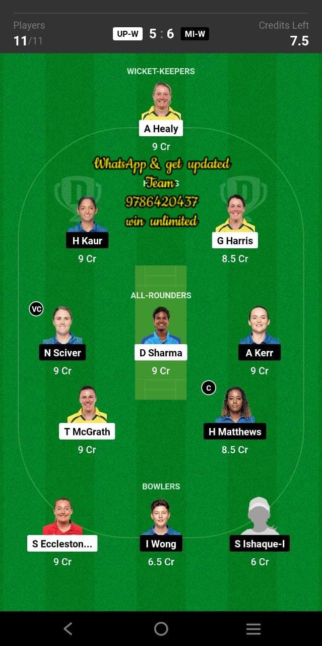 UP-W vs MI-W 10th Match Dream11 Team fantasy Prediction TATA Women's Premier League