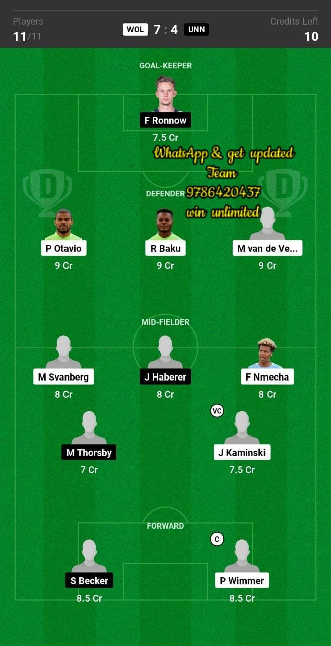 WOL vs UNN Dream11 Team fantasy Prediction Bundesliga