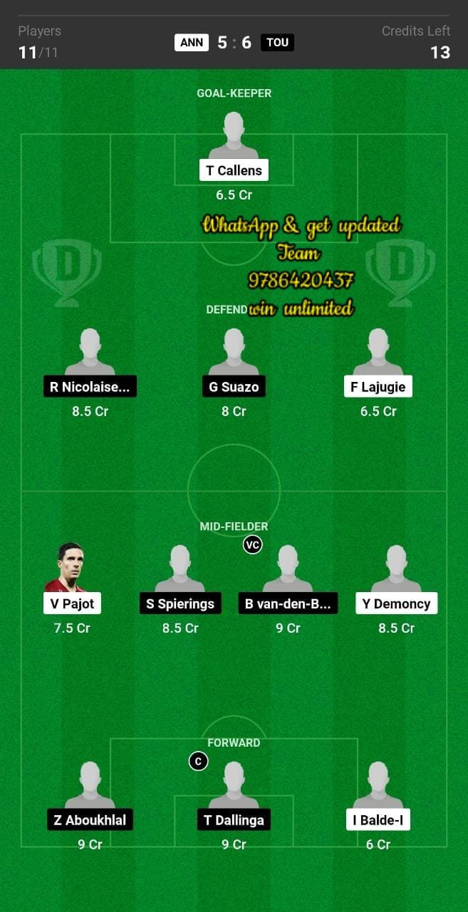 ANN vs TOU Dream11 Team fantasy Prediction French Cup