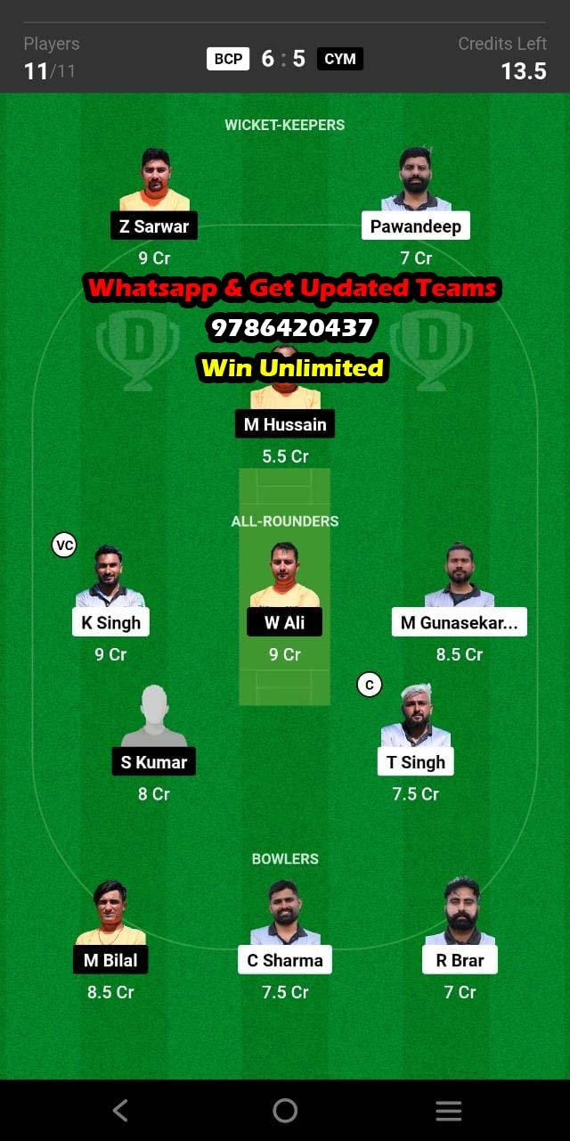 BCP vs CYM 59th Match Dream11 Team fantasy Prediction FanCode ECS Cyprus T10