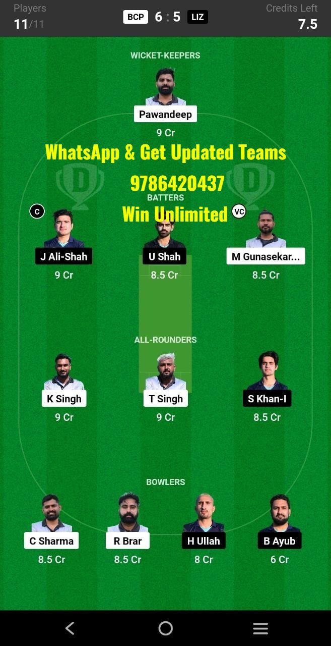 BCP vs LIZ 1st Semi-Final Match Dream11 Team fantasy Prediction FanCode ECS Cyprus T10