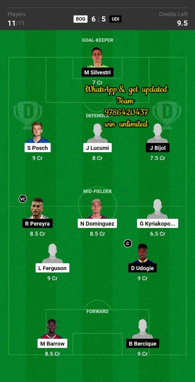 BOG vs UDI Dream11 Team fantasy Prediction Serie A