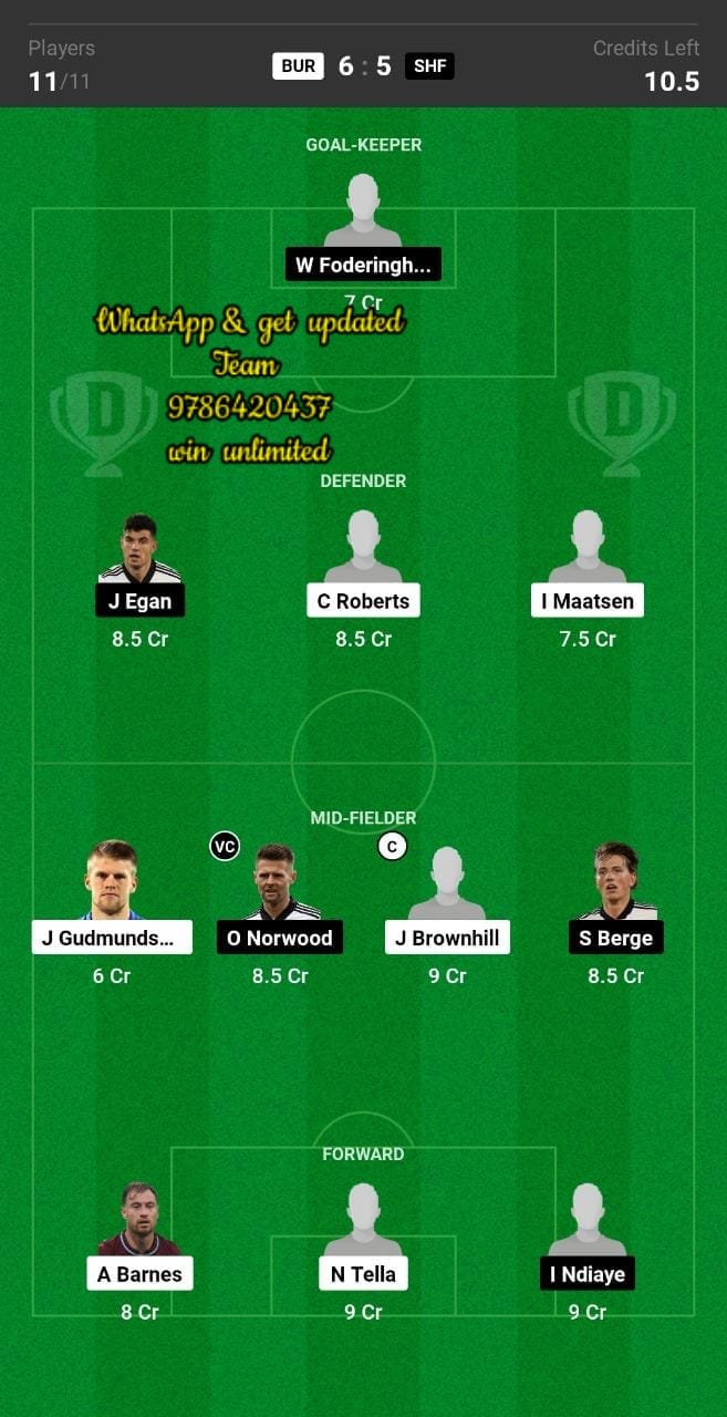 BUR vs SHF Dream11 Team fantasy Prediction English Championship