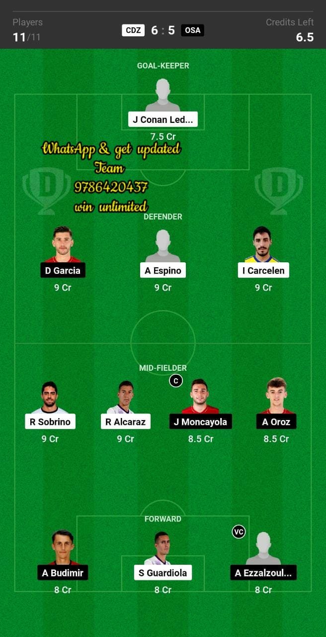 CDZ vs OSA Dream11 Team fantasy Prediction La Liga