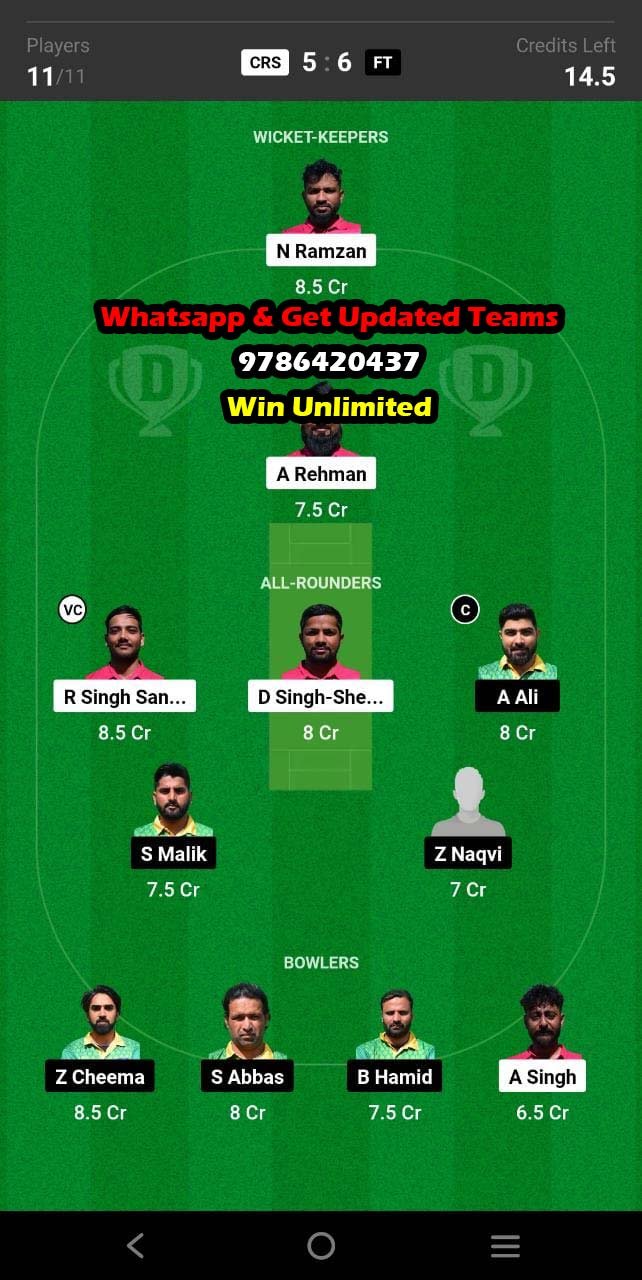 CRS vs FT 28th Match Dream11 Team fantasy Prediction FanCode ECS Milan T10