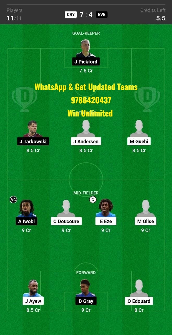 CRY vs EVE Dream11 Team fantasy Prediction Premier League