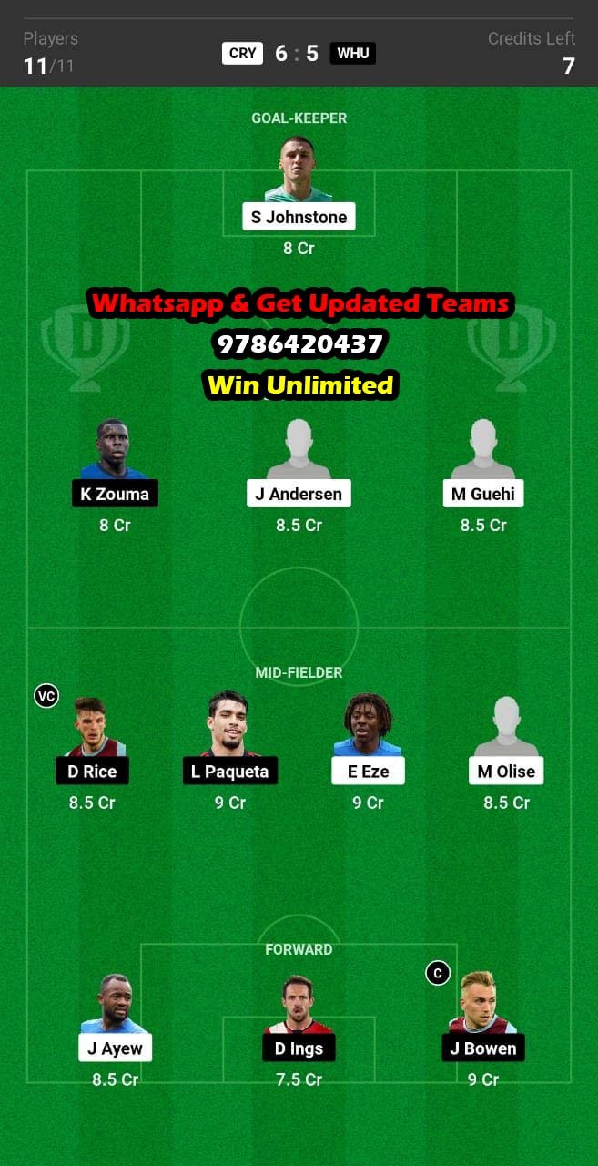 CRY vs WHU Dream11 Team fantasy Prediction Premier League