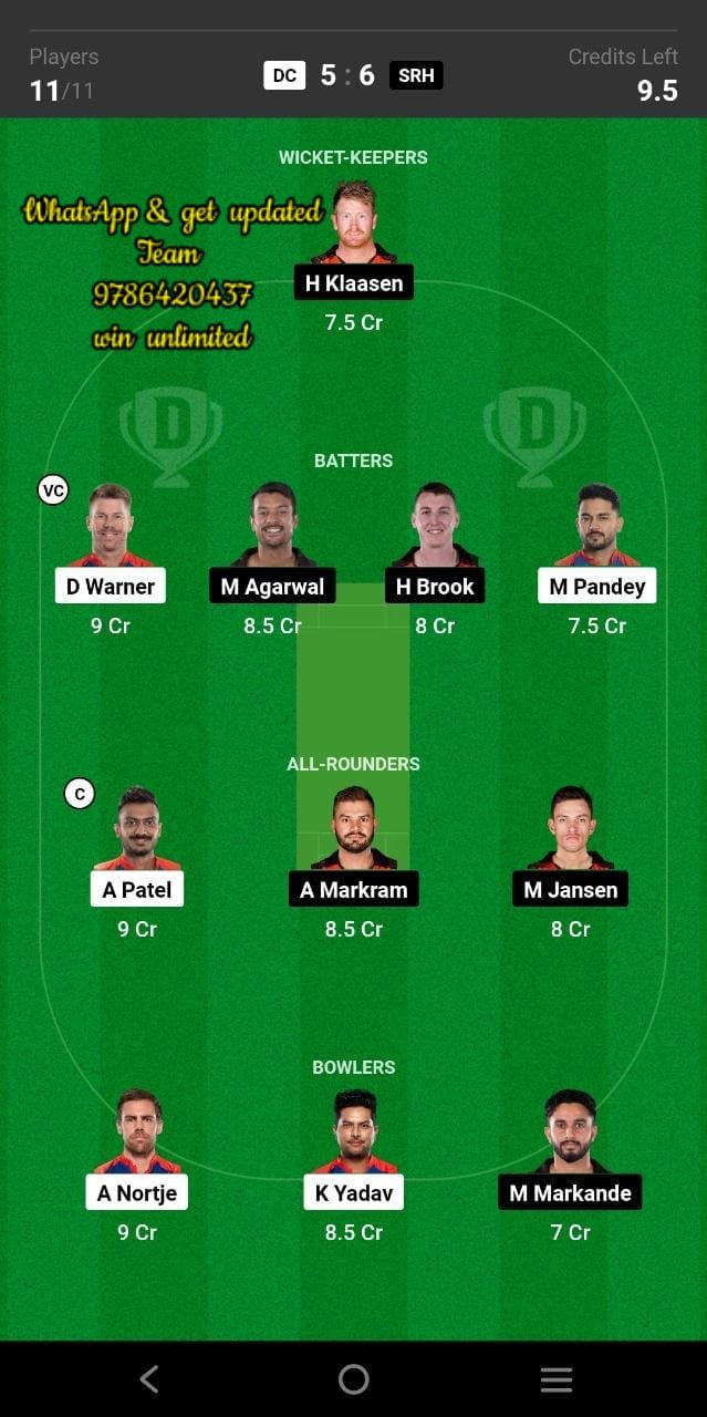 DC vs SRH 40th Match Dream11 Team fantasy Prediction TATA IPL