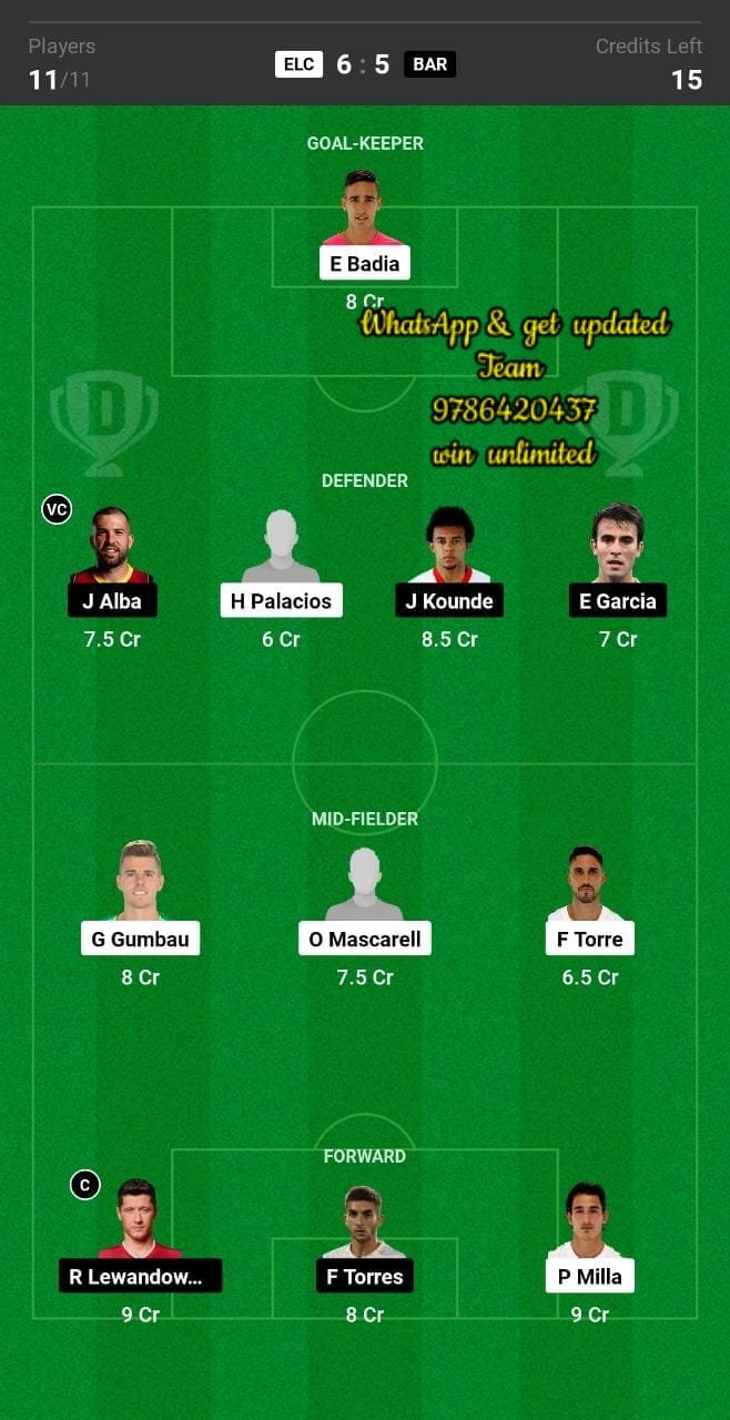 ELC vs BAR Dream11 Team fantasy Prediction La Liga