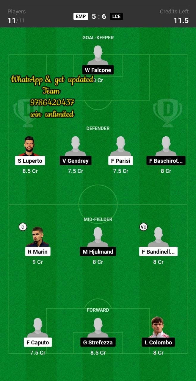 EMP vs LCE Dream11 Team fantasy Prediction Serie A