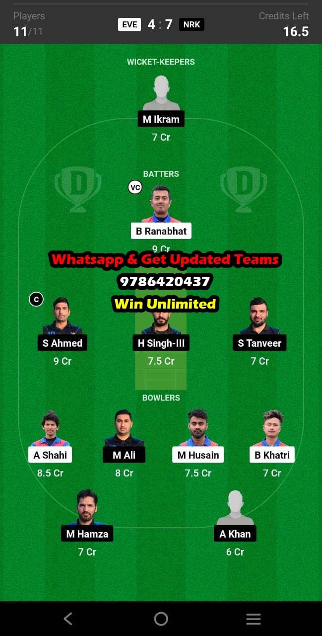 EVE vs NRK 30th Match Dream11 Team fantasy Prediction Fancode ECS Cyprus T10