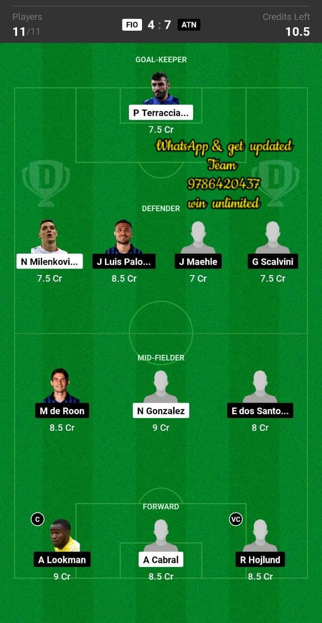 FIO vs ATN Dream11 Team fantasy Prediction Serie A