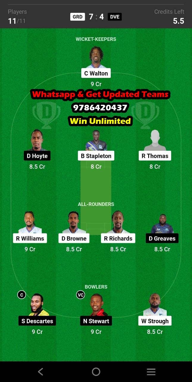 GRD vs DVE 5th Place Play off Match Dream11 Team fantasy Prediction Vincy Premier League T10