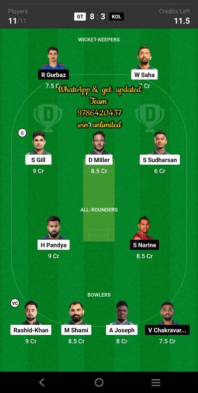 GT vs KOL 13th Match Dream11 Team fantasy Prediction TATA IPL