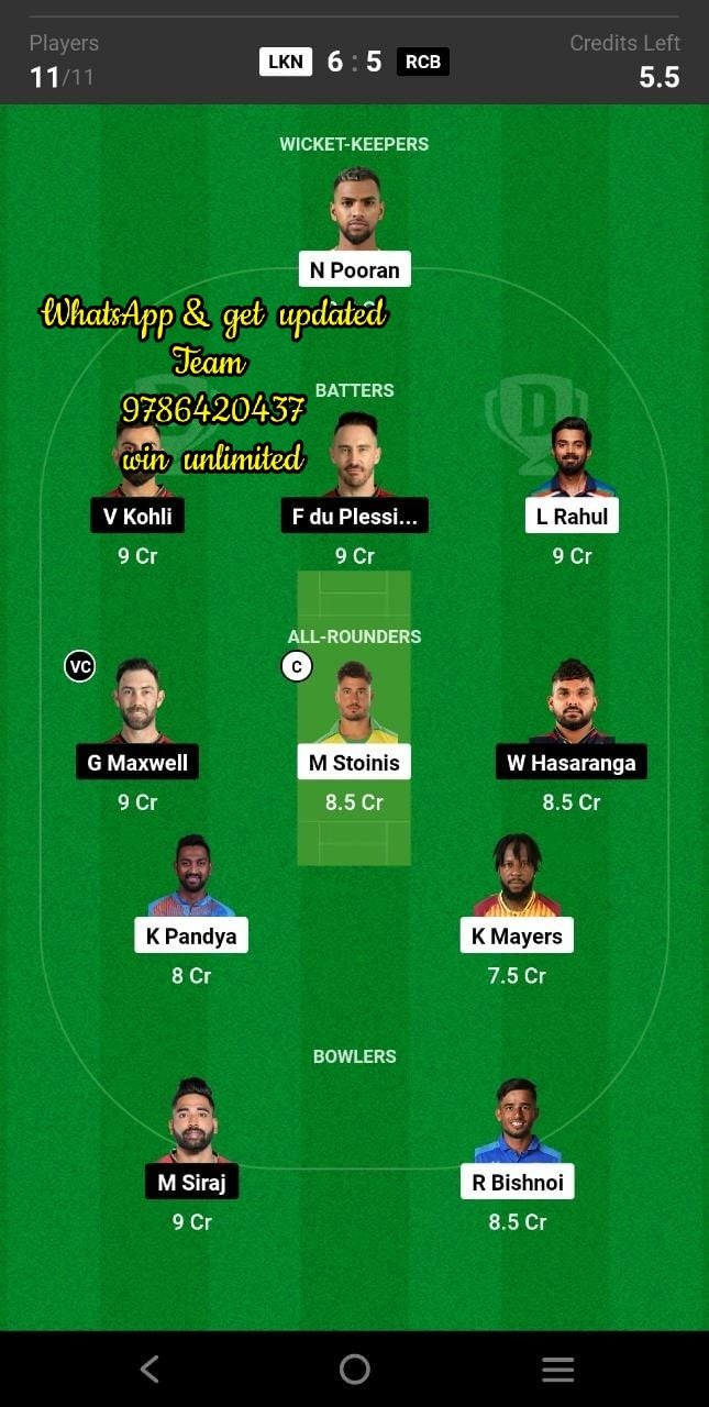 LKN vs RCB 43rd Match Dream11 Team fantasy Prediction TATA IPL