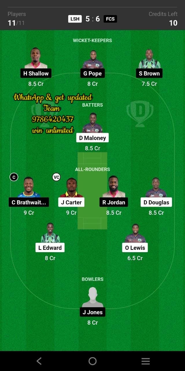 LSH vs FCS 19th Match Dream11 Team fantasy Prediction Vincy Premier League T10