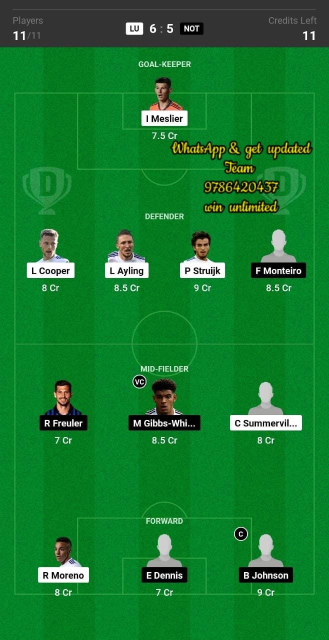 LU vs NOT Dream11 Team fantasy Prediction Premier League