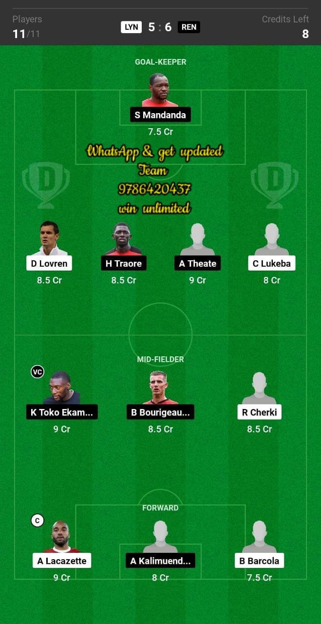 LYN vs REN Dream11 Team fantasy Prediction Ligue 1