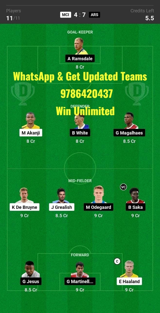 MCI vs ARS Dream11 Team fantasy Prediction Premier League