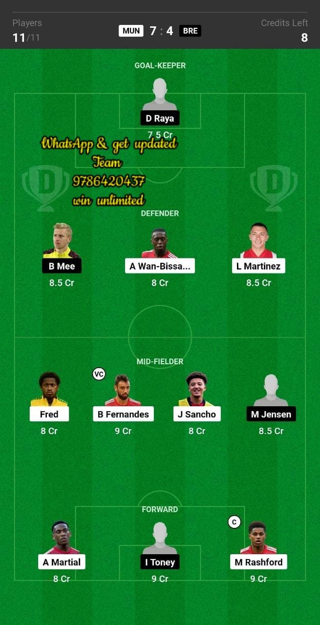 MUN vs BRE Dream11 Team fantasy Prediction Premier League