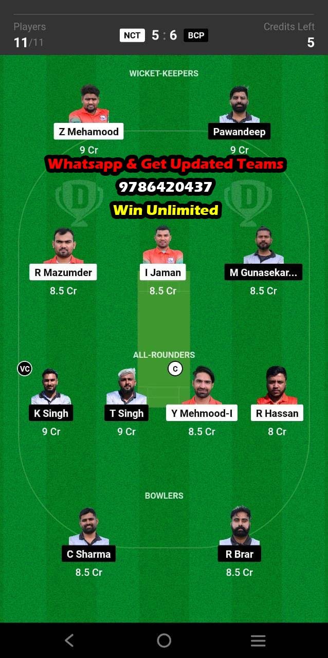 NCT vs BCP 3rd Quarter Final Match Dream11 Team fantasy Prediction FanCode ECS Cyprus T10