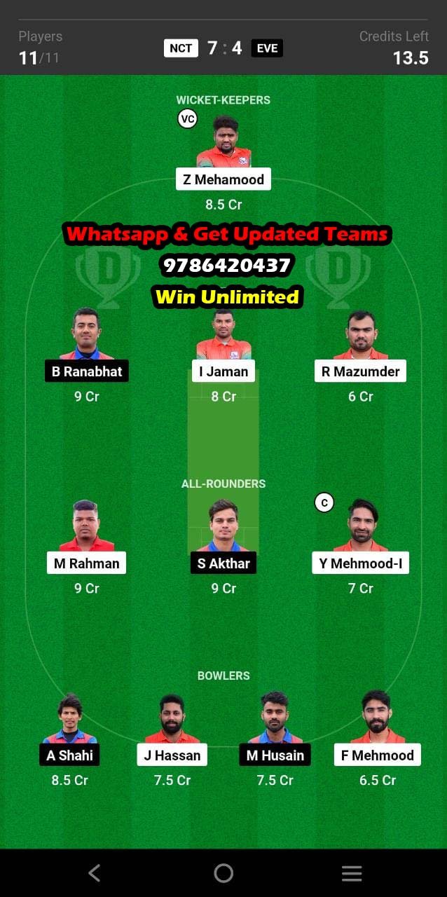 NCT vs EVE 20th Match Dream11 Team fantasy Prediction Fancode ECS Cyprus T10