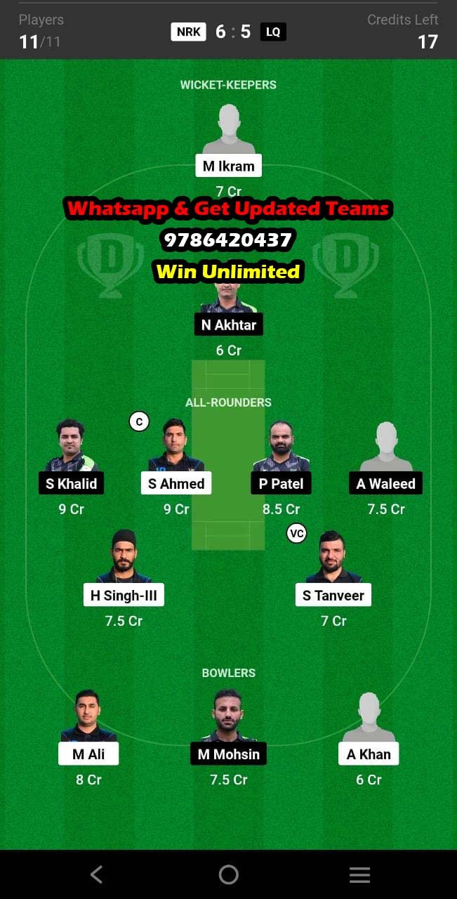 NRK vs LQ 25th Match Dream11 Team fantasy Prediction Fancode ECS Cyprus T10