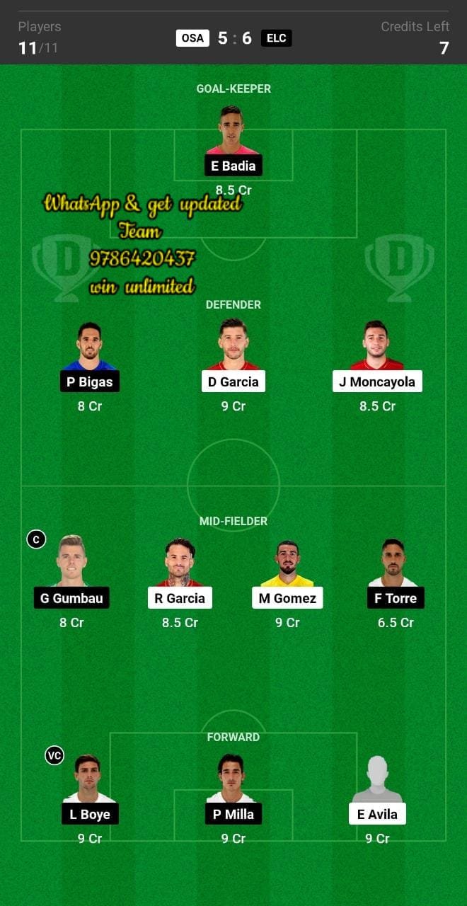 OSA vs ELC Dream11 Team fantasy Prediction La Liga