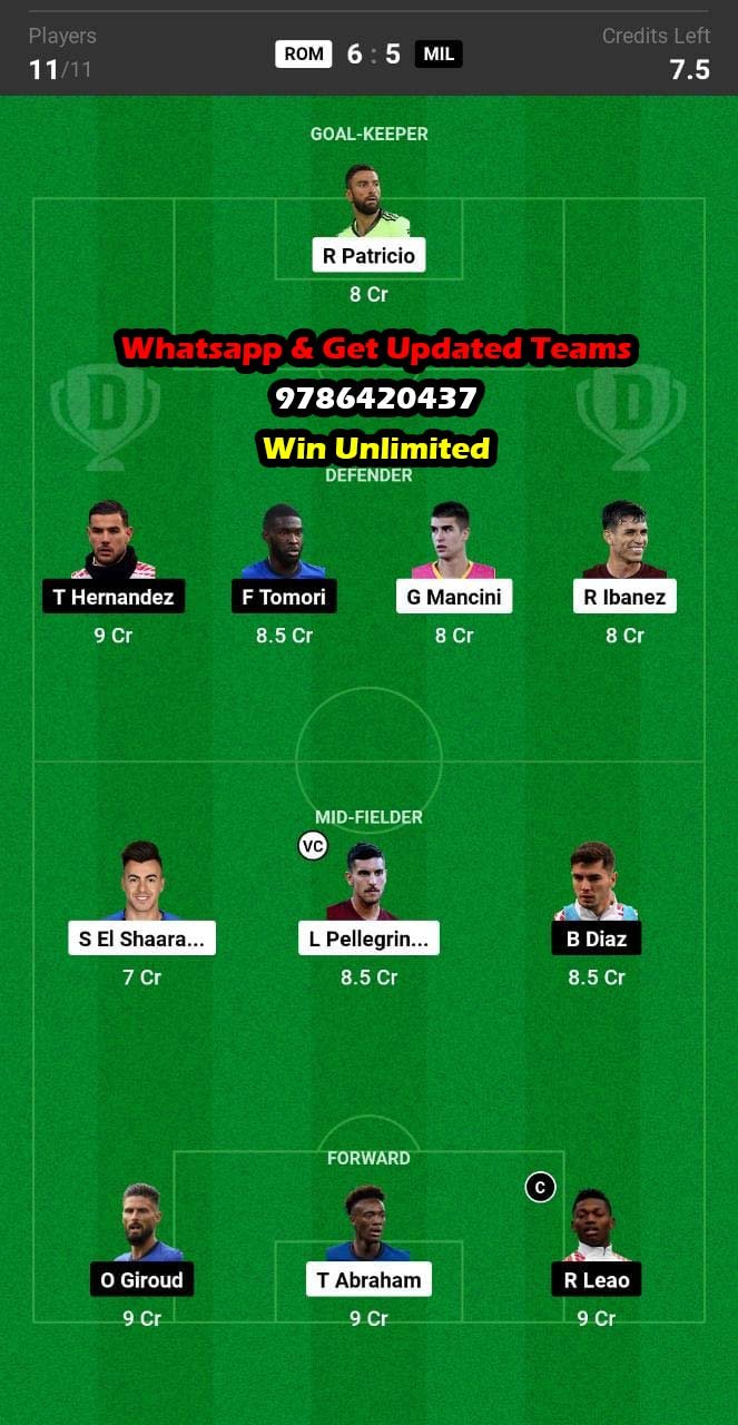 ROM vs MIL Dream11 Team fantasy Prediction Serie A