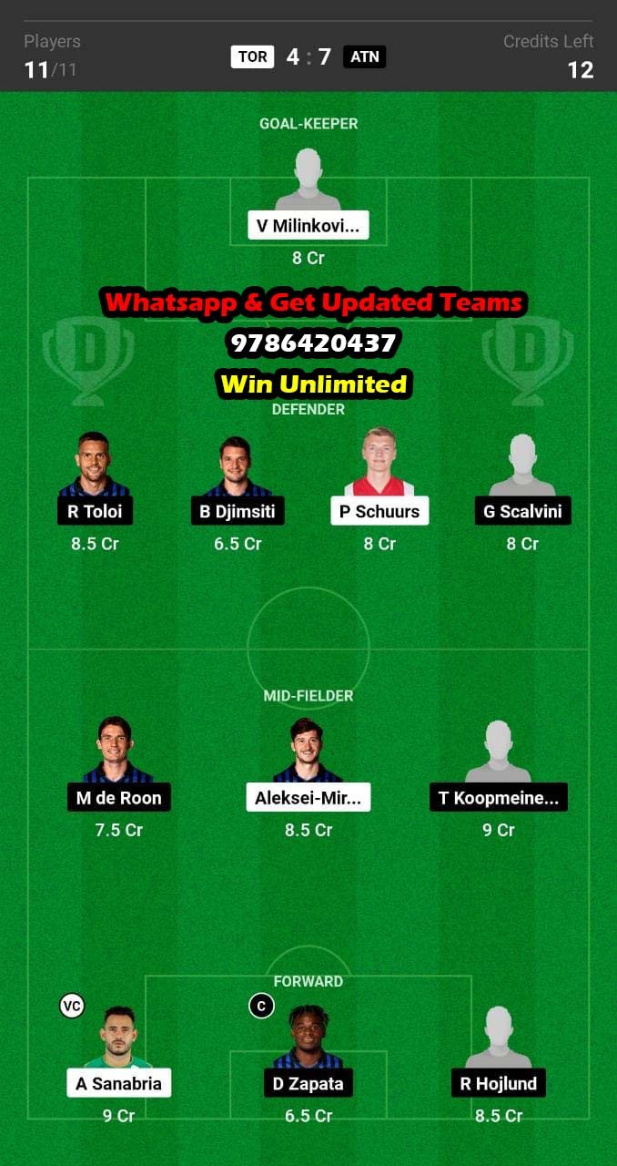 TOR vs ATN Dream11 Team fantasy Prediction Serie A