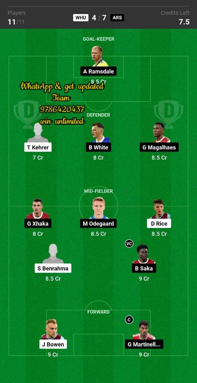 WHU vs ARS Dream11 Team fantasy Prediction Premier League (2)