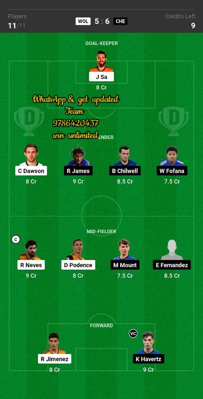 WOL vs CHE Dream11 Team fantasy Prediction Premier League