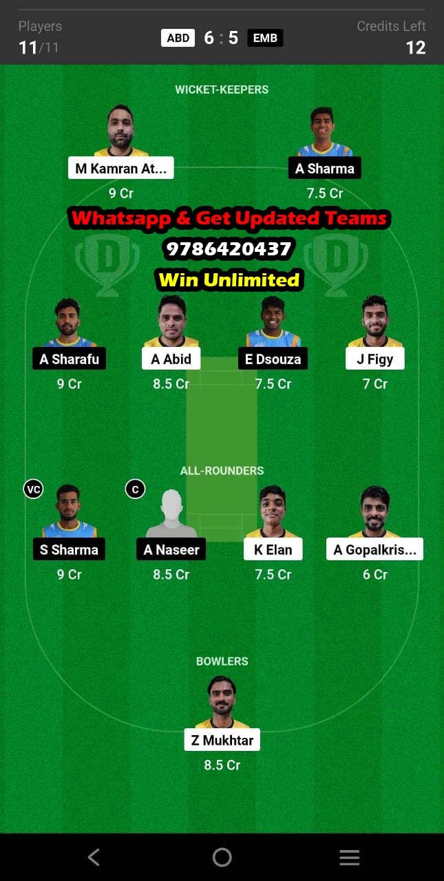 ABD vs EMB 12th Match Dream11 Team fantasy Prediction Emirates D50 One-Day