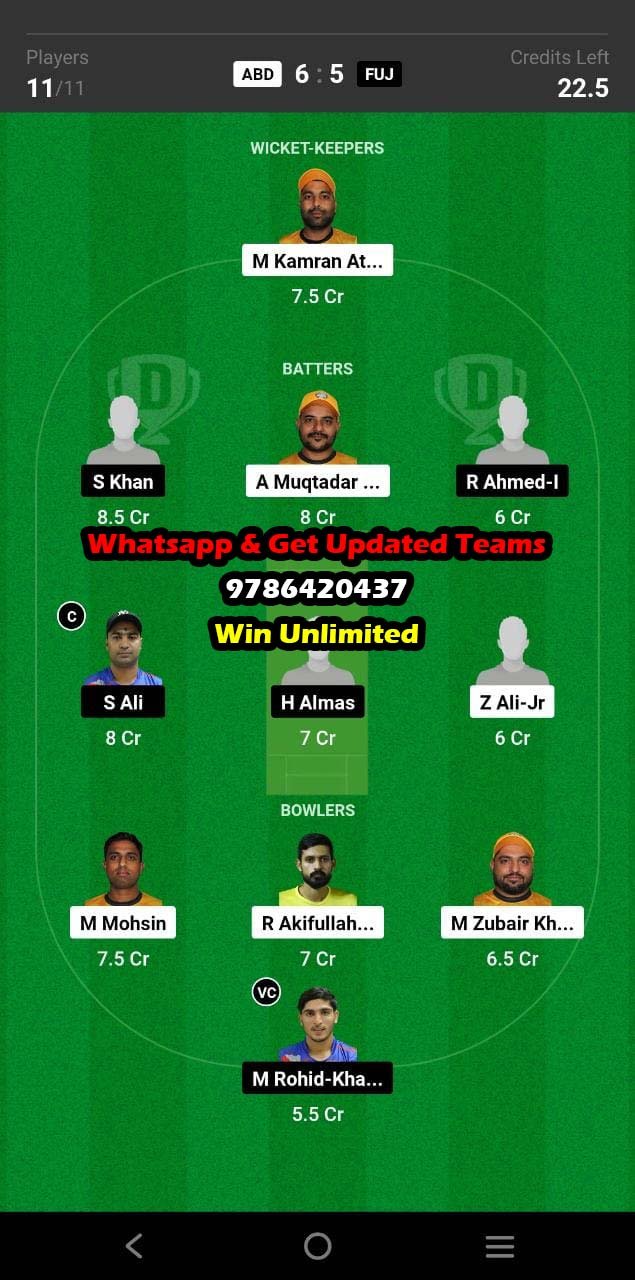 ABD vs FUJ 14th Match Dream11 Team fantasy Prediction Emirates D10