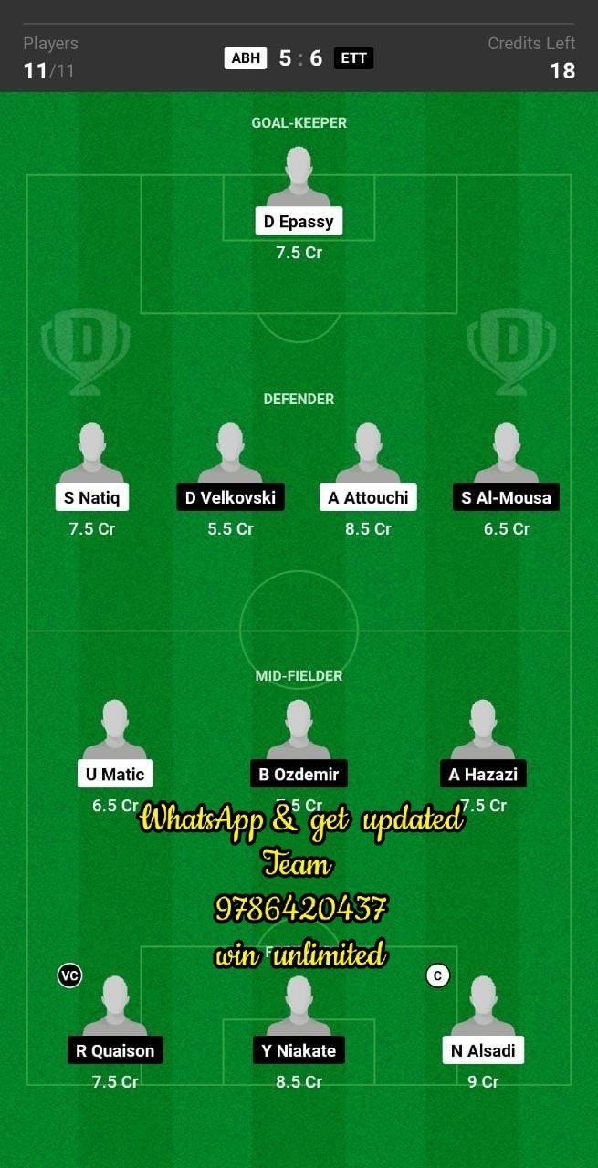 ABH vs ETT Dream11 Team fantasy Prediction Saudi Arabian League