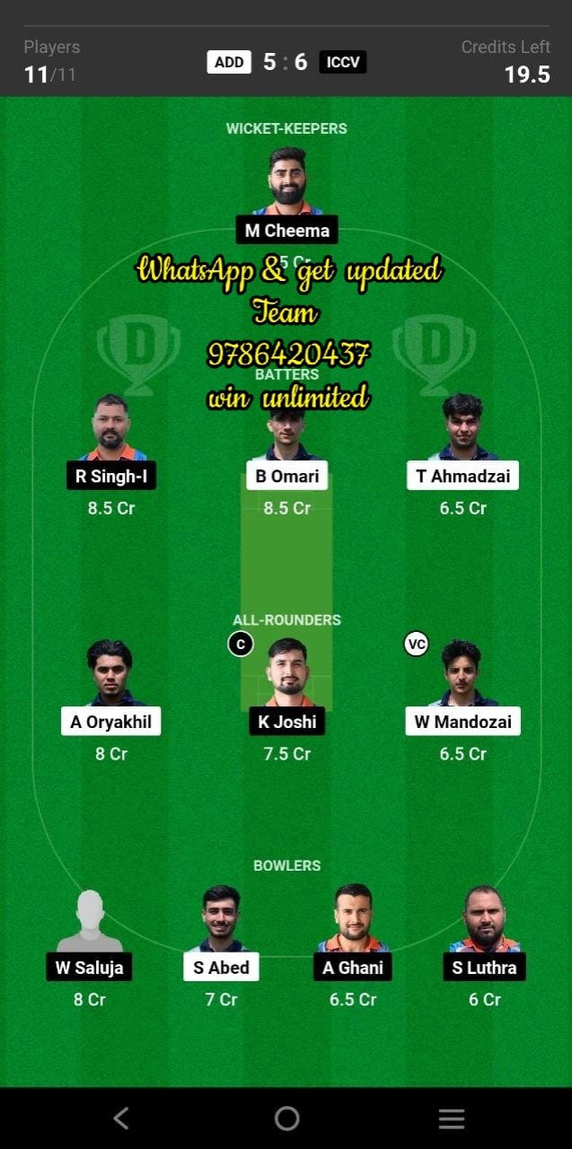 ADD vs ICCV 49th Match Dream11 Team fantasy Prediction FanCode ECS Austria T10