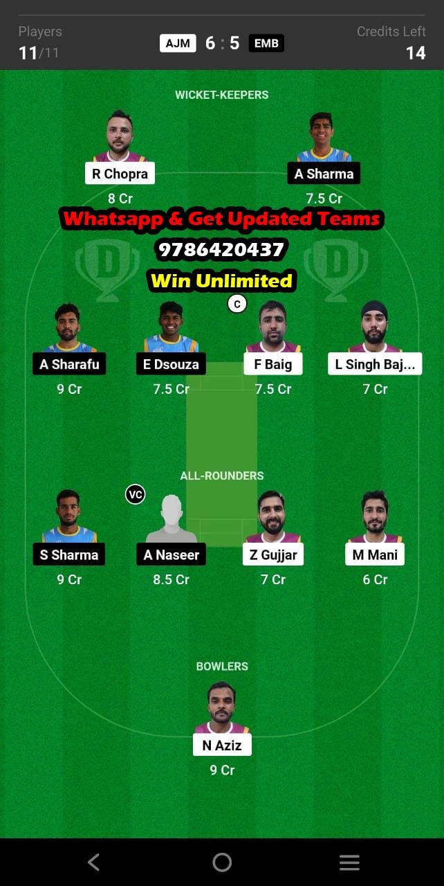 AJM vs EMB 10th Match Dream11 Team fantasy Prediction Emirates D50 One-Day