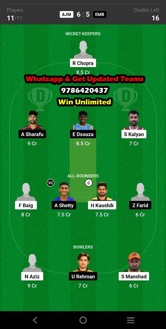 AJM vs EMB 2nd Match Dream11 Team fantasy Prediction Emirates D10