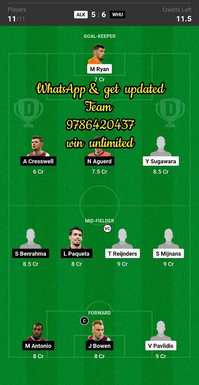 ALK vs WHU Dream11 Team fantasy Prediction UEFA Europa Conference League