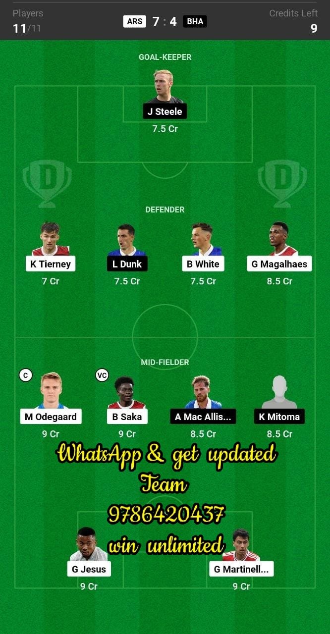 ARS vs BHA Dream11 Team fantasy Prediction Premier League