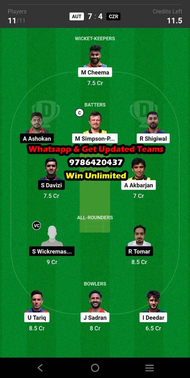 AUT vs CZR 1st Match Dream11 Team fantasy Prediction FanCode ECI Austria T10